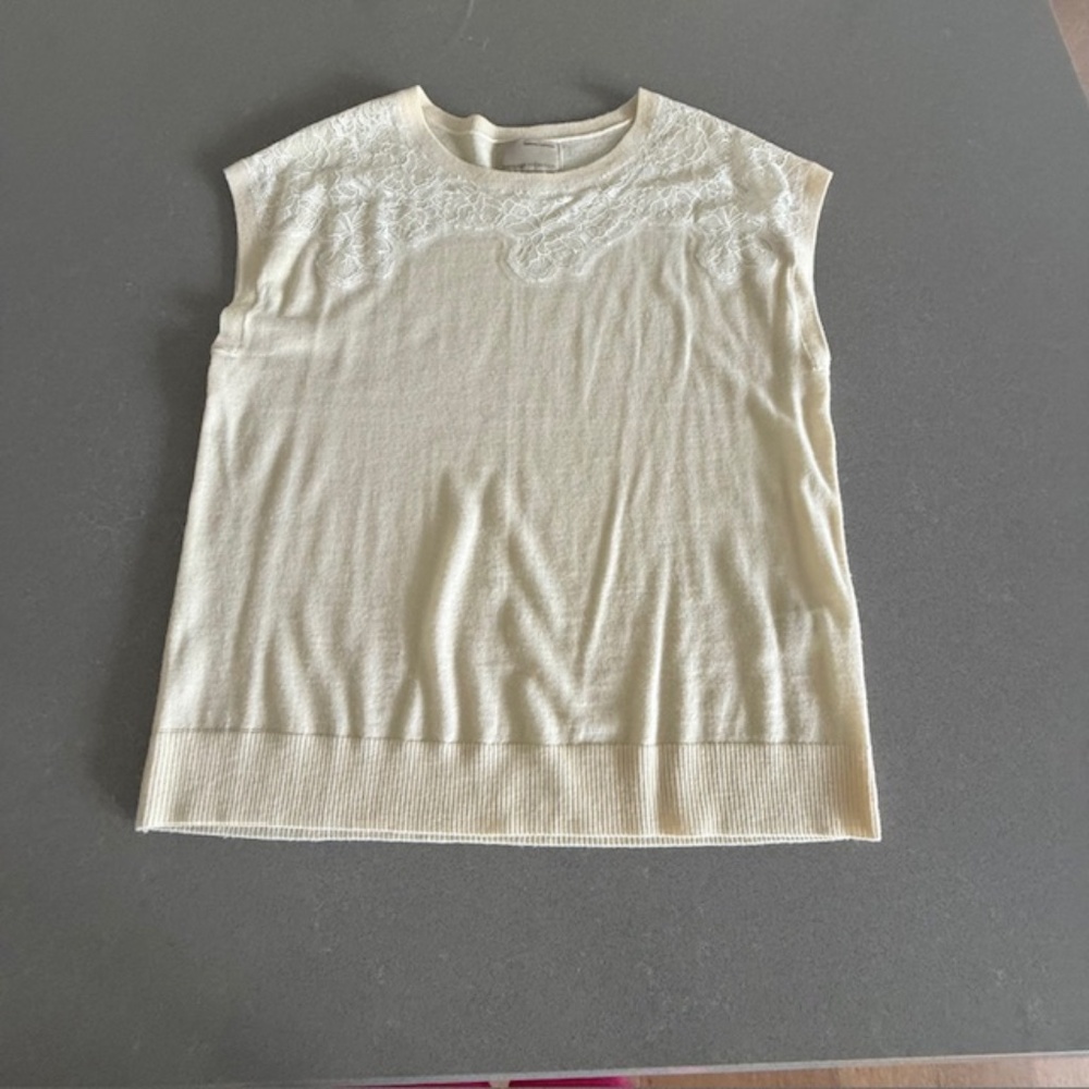 Banana Republic Embroidered Cream Sleeveless Heritage Sweater Merino Wool Large